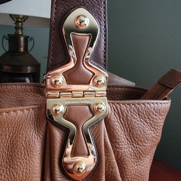 Michael Kors Joplin Satchel in Tan & Brown Leather with Gold-tone Hardware - Picture 3 of 16